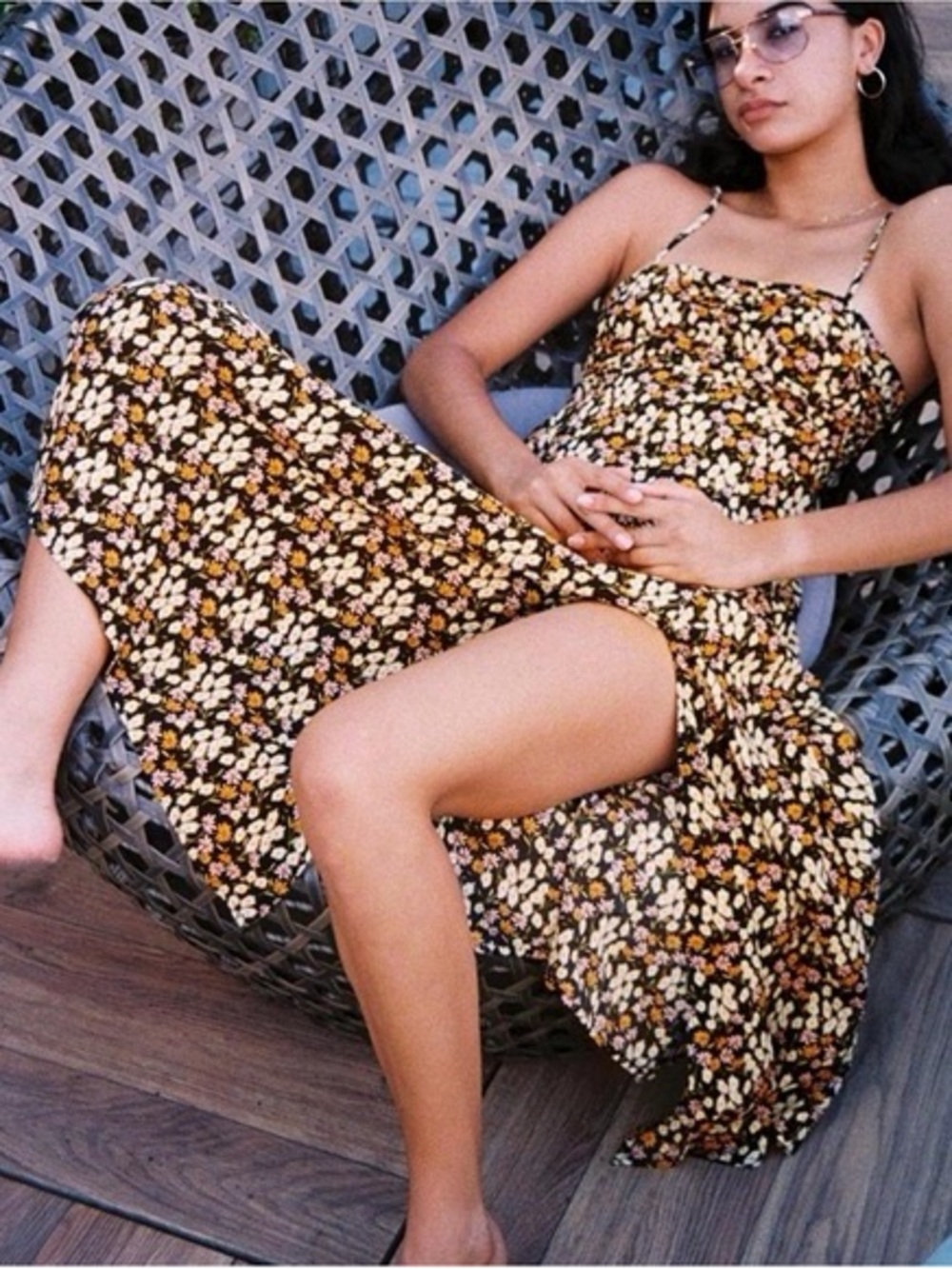 Urban Outfitters Black Floral Slip Dress with Yellow & White Daisies